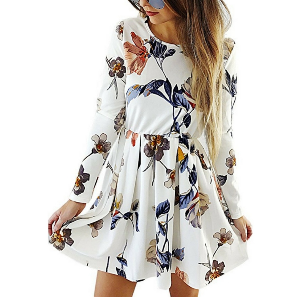 Floral Long Sleeve Swing Pleated A Line Mini Dress